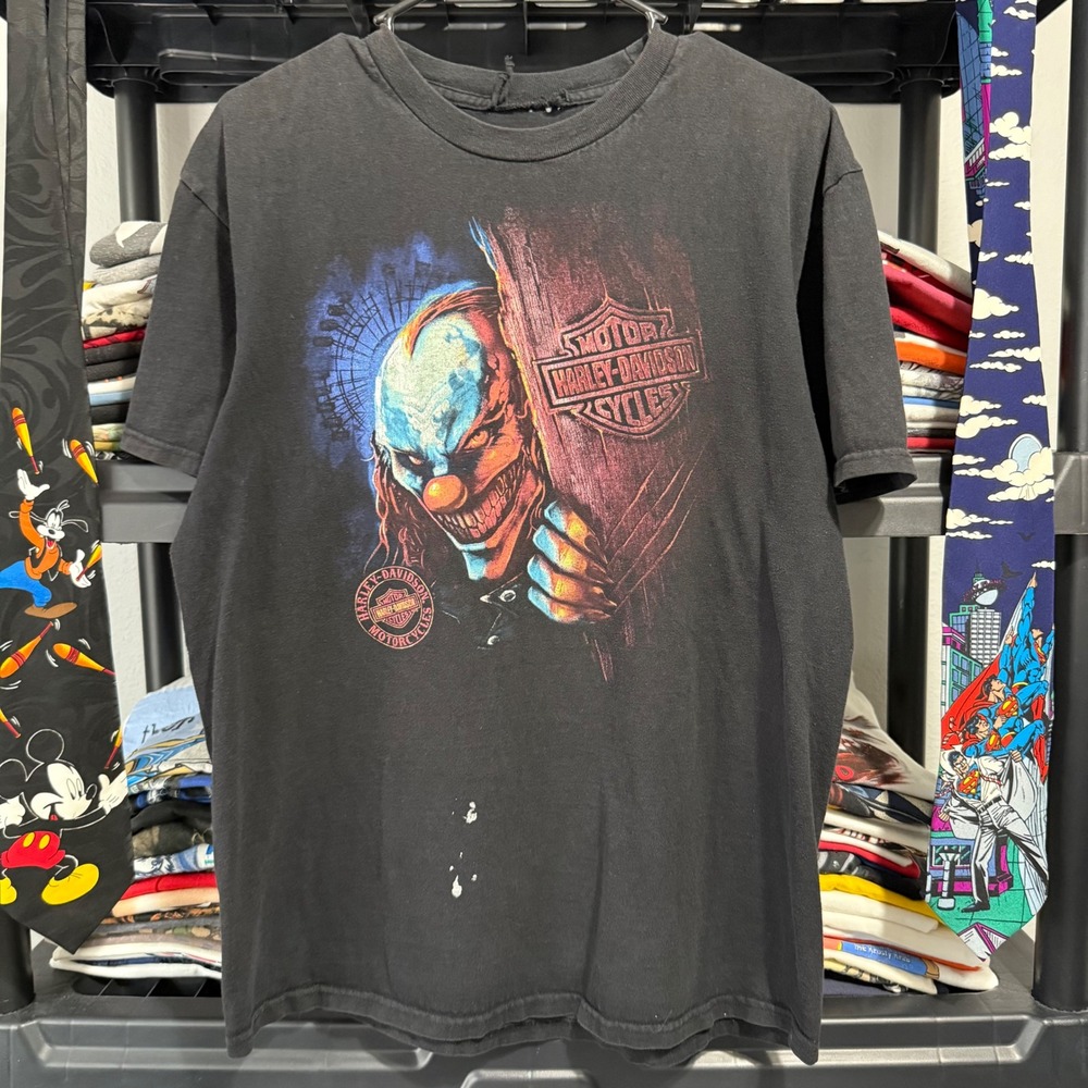 2000s Black Harley Davidson Evil Clown Mancuso Houston Tee L Light Marks